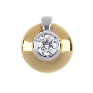 An 18ct gold diamond single-stone pendant. Of bi-colour design, the brilliant-cut diamond collet, ra