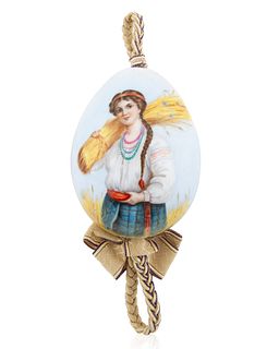 A LARGE RUSSIAN "MAIDEN" PORCELAIN EASTER EGG, PAINTED BY M. DELAKI, IMPERIAL PORCELAIN FACTORY, ST. PETERSBURG, LATE 19TH-EARLY 20TH CENTURY