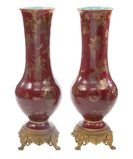 A PAIR OF EUROPEAN MONUMENTAL CHINOISERIE STYLE VASES ON ORMOLU BASES, LATE 19TH-EARLY 20TH CENTURY 