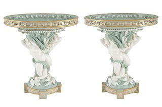 A PAIR OF BRITISH MAJOLICA 'SIREN' COMPOTES, MINTONS, STOKE-UPON-TRENT, 1867