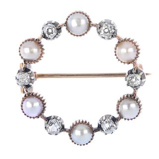 A late 19th century split pearl and diamond wreath brooch. Designed as an alternating split pearl an