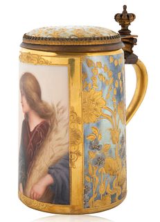 A VIENNA STYLE PORTRAIT TANKARD, PAINTED BY WAGNER FINELY  (GERMAN-AUSTRIAN 19TH CENTURY), RETAILER MARK OVINGTON BROS, NY, LATE