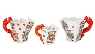 A SET OF THREE BAVARIAN 'DEVIL AND CARDS' PITCHERS, ROYAL BAYREUTH, LATE 20TH CENTURY 
