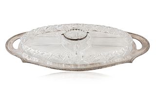 A BRITISH SILVER SERVING TRAY AND CRYSTAL HORS D'OEUVRE FIVE-PIECE SET, ERICH KELLERMAN, 19TH CENTURY 