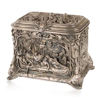 CONTINENTAL SILVER-PLATED REPOUSSE FIGURAL BOX, 19TH CENTURY 
