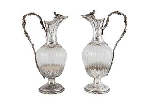 A PAIR OF ITALIAN SILVER AND GLASS PITCHERS, ASCANIO, EARLY 20TH CENTURY 