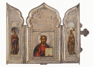 AN IMPERIAL RUSSIAN SILVER-MOUNTED PRESENTATION ICON TRIPTYCH TO EMPRESS MARIA FEODOROVNA, WORKMASTER DMITRY SMIRNOV, ST. PETERSRBURG, 1904