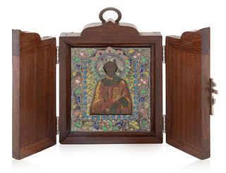 A RUSSIAN TRAVELING ICON OF ST. NICHOLAS THE WONDERWORKER WITH SILVER AND CLOISONNE ENAMEL OKLAD, 1898-1908