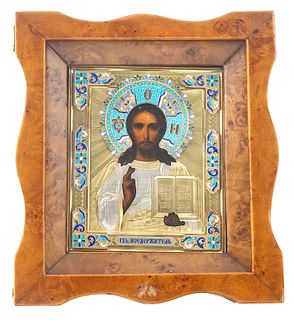 A RUSSIAN ICON OF CHRIST PANTOCRATOR WITH SILVER GILT AND ENAMEL OKLAD, WORKMASTER NIKOLAY GRACHEV, MOSCOW, 1908-1917