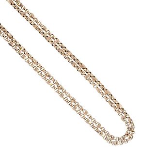An early 20th century 9ct gold Albert chain. The fancy-link Albert chain, with lobster clasp. Length