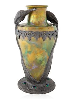 A GERMAN PEACOCK VASE, DESIGNED BY GEORG FRIEDRICH SCHMITT (GERMAN 1859-1938), VASE PRODUCED BY ZSOLNAY, HUNGARY AND MOUNT PRODUCED BY ORION, GERMANY,