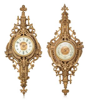 A FRENCH ORMOLU WALL CLOCK AND BAROMETER, LATE 19TH CENTURY 