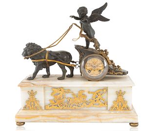 A FRENCH BRASS AND MARBLE FIGURAL CLOCK, EARLY 20TH CENTURY 