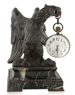 LIKELY A FRENCH BRONZE EAGLE AND MARBLE GLASS BALL CLOCK, MID -20TH CENTURY 