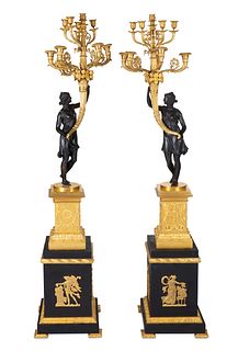 PAIR OF FRENCH NEOCLASSICAL ORMOLU AND PATINATED BRONZE NINE-LIGHT FIGURAL CANDELABRA, 19TH CENTURY