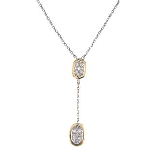 A diamond pendant. Designed as a pave-set brilliant-cut diamond oval-shape disc, suspending a simila