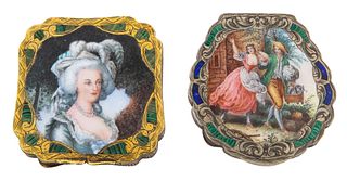 A PAIR OF SILVER AND ENAMEL EUROPEAN SNUFF BOXES, LIKELY GERMAN, 20TH CENTURY