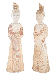 A PAIR OF CHINESE FEMALE ATTENDANTS, TANG DYNASTY (618-907) 