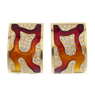 A set of diamond and enamel jewellery. The hinged bangle designed as a vari-shade enamel panel with
