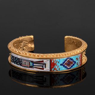 A Carl and Irene Clark Gold Cuff Bracelet with Micro-Mosaic Inlay