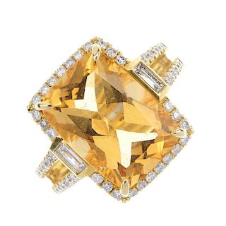 A citrine and diamond dress ring. The rectangular-shape citrine, within a brilliant-cut diamond surr