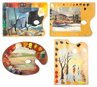 A GROUP OF FOUR 20TH CENTURY PAINTED ARTIST PALETTES, INCLUDING S. ALLYN SCHAEFFER (AMERICAN B. 1935), ARNOLD HOFFERMAN (AMERICAN 1886-1966), HENRY HE