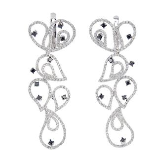 A pair of 18ct gold diamond and gem-set ear pendants. Each designed as a cascade of brilliant-cut di