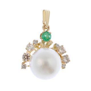A cultured pearl, emerald and diamond pendant. The cultured pearl, measuring 13mms, with brilliant-c