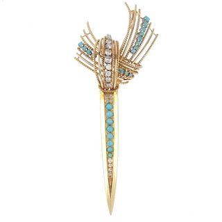 A 1970s diamond and turquoise spray brooch. The graduated circular turquoise cabochon and single-cut