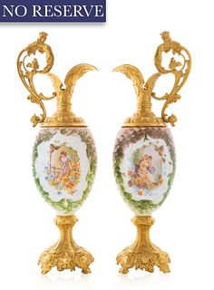 PAIR OF ORMOLU-MOUNTED TWO HANDLED SEVRES STYLE VASES, LATE 19TH-EARLY 20TH CENTURY 