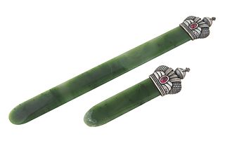 PAIR OF RUSSIAN SILVER-MOUNTED JADE AND HARDSTONE LETTER OPENERS, ST. PETERSBURG, 1898-1903