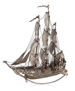 A CONTINENTAL SILVER-PLATED SHIP MINIATURE, 20TH CENTURY 