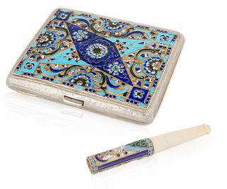 A RUSSIAN SILVER AND CLOISONNE ENAMEL CIGARETTE CASE WITH MATCHING CIGARETTE HOLDER, MOSCOW, 1908-1927