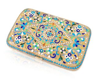 A RUSSIAN GILT SILVER, CLOISONNE AND GUILLOCHE ENAMEL CIGARETTE CASE, MAKER GRIGORY SBITNEV, MOSCOW, 1908-1917