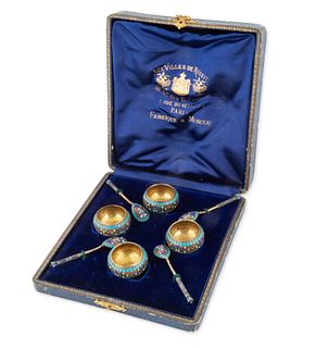 A SET OF FOUR RUSSIAN SILVER, ENAMEL AND CLOISONNE SALONIKA'S WITH SPOON'S, ALAVELLERUSSIE RETAILER BOX, MOSCOW, 1882-1898
