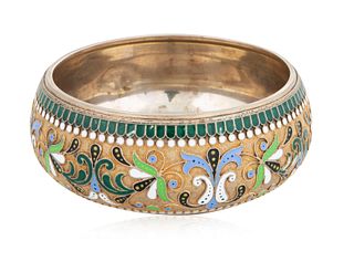 A RUSSIAN GILT SILVER AND CLOISONNE ENAMEL BOWL, MAKER KHLEBNIKOV, MOSCOW, 1893 