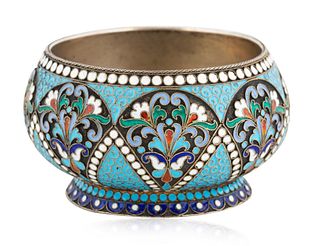 A RUSSIAN SILVER AND CLOISONNE ENAMEL MINIATURE BOWL, WORKMASTER I. PROKOFIEV, MOSCOW, 1882-1898