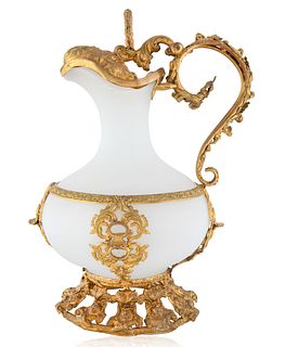 A LARGE FROSTED GLASS PITCHER WITH BRASS DETAILING, 20TH CENTURY 