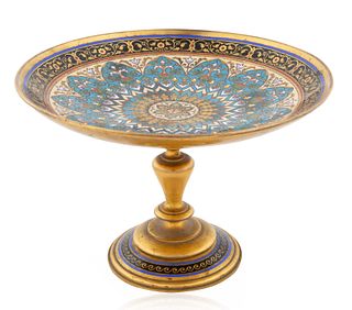 A FRENCH METAL AND CHAMPLEVE TAZZA, 20TH CENTURY 