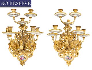 PAIR OF FRENCH ORMOLU AND PORCELAIN SEVEN-ARM SCONCES, PROBABLY SEVRE EARLY 20TH CENTURY 