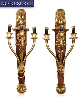 A PAIR OF EGYPTIAN REVIVAL WOOD AND GILT BRONZE SCONCES, 20TH CENTURY 