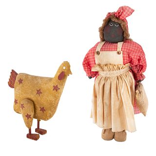 AN AMERICAN FOLK STUFFED DOLL AND CHICKEN, EARLY 20TH CENTURY 