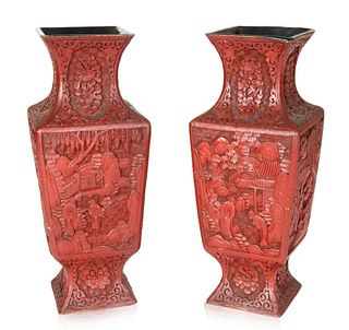 PAIR OF CHINESE CARVED CINNABAR LACQUER VASES, LATE 19TH-20TH CENTURY 