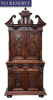 A FRENCH STAINED-OAK RENAISSANCE-REVIVAL FIGURAL CARVED STEP-BACK WALL CABINET, LATE 18TH CENTURY 