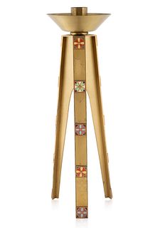A BRASS ENAMEL TRIPOD CANDLE STAND, 20TH CENTURY