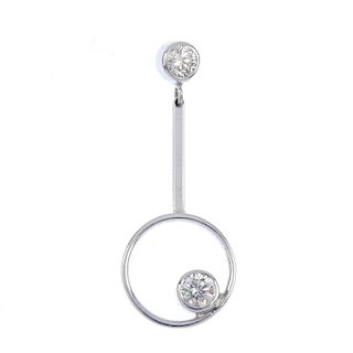 A diamond pendant. Designed as a brilliant-cut diamond collet surmount, suspending a plain bar, with