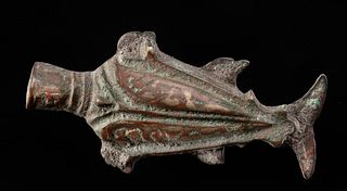 Ancient Bactrian Bronze Kohl Jar, Stylized Fish