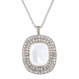 A moonstone and diamond pendant. The rectangular moonstone cabochon, within a single-cut diamond dou