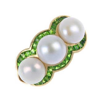 A cultured pearl and garnet cluster ring. The three cultured pearls, within a square-shape green gar