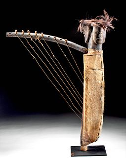 Early 20th C. Gabon Fang Wood, Hair, & Hide Ngombi Harp
